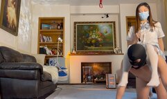 Queen JK master not only trains the puppy to lick her feet, but also likes to ride on ponyboy while climbing ponyplay #CH010