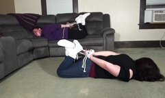 Hogtied and massively sock gagged
