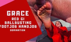 Grace red gi ballbusting, footjob and handjob domination