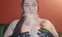 PVC Gloved Mistress Vapes and Teases with her Latex Tits