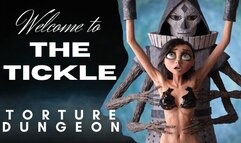 Welcome to the Tickling Dungeon : a slave girl with hairy pits suspended by wrists in a dark dungeon as an kinky robotic device tickles her belly and armpits as she struggles in BDSM bondage fetish