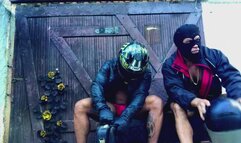 Muscular, dominant biker makes his power speak louder.