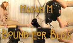 Bound for Barefoot Bliss, A rubber-clad submissive with an intense foot fetish is restrained by rope and pulleys, teased mercilessly by beautiful bare feet always just out of reach