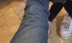 My thirsty slave drinks water mixed with the sweat from my feet.