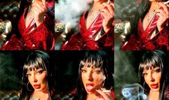 Brunette bimbo smoking a Dunhill International Cork Filter, wearing a snakeskin-print leather coat and black nails