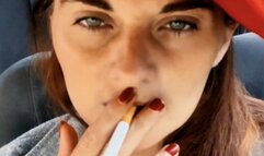 Intense Close-Up Car Smoking – Red Beret Seductive Deep Inhales