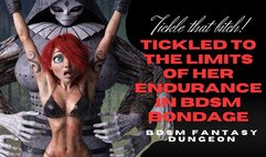 Gorgeous tattooed red head anime babe is strung up in BDSM bondage by her wrists and tickled to her limits in her armpits and belly