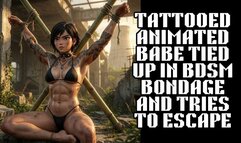 Tattooed muscle babe is tied in BDSM bondage as she tries to free herself and struggles and writhes