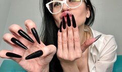 Long black nails and HOT outfit with lingerie, black stockings, pensil skirt and white blouse