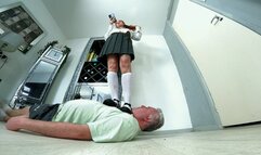 Schoolgirl Stood On Him In Long Socks & A Grey Pleated Skirt FLOOR CAM (4K)