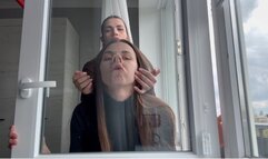 Alina and Nastya are smushing their faces against the glass (custom video)