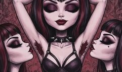 sexy model animated babe with bushy hairy armpits has her pits licked and smelled by two kinky lesbian friends