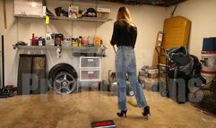 Cassandra Sweeping in High-Waisted Jeans & Stiletto Pumps