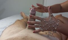 Asian Red Nails & Silver Hand Chain Oily Handjob - Clinking Chain Tease & Explosive Cumshot POV