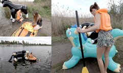 Angry girls chase an inflatable horse on a boat 4K