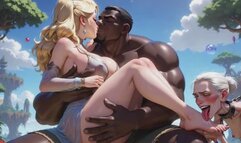 Old Granny Humiliated Licking Young Woman Feet - Sitting on Muscular Black Bull Lap