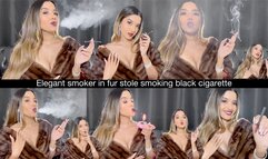 Elegant smoker in fur stole smoking black cigarette