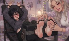 Tickling - popular girl tickles the shy girl's feet and soles in crazy pajama party prank