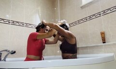 Dunk and wash each other hair! Wet in sport outfit!