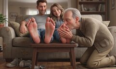 Old Cuckold Husband Kisses & Worships Young Couple's Feet Foot Humiliation