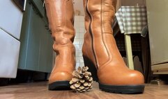 Trampling a pine cone with boots!