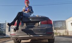 Nicotine Craving Denim Goddess – Seductive Smoking On The Trunk