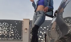 Nicotine Craving Denim Babe – Smoking Seduction By The Car
