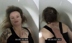 Anastasia is underwater with a foot on her