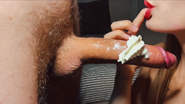 Creaming On Huge Cock - Big Cock In Whipped Cream. Close Up Blowjob With Cum In Mouth Porn Video