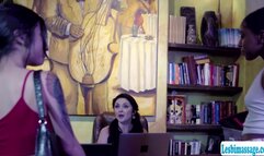 Busty brunette licked by two customer