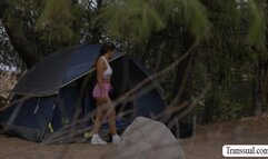 Busty TS barebacked by stranger in woods