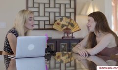 Teen babe banged by roommates strap on