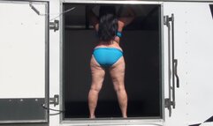 Busty BBW wife fucked next to her husbands truck