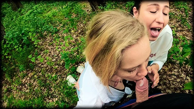 Blowjob Threesome Public - Two Girlfriends Suck Cock In The Woods - Threesome Outdoor Blowjob - Public  POV