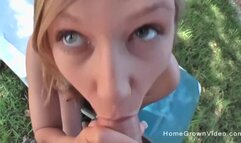 Amateur blonde masturbates then fucked outside by a big cock