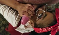 Black Barbie eagerly goes to town on a White Doms cock. CUMSHOT INC.