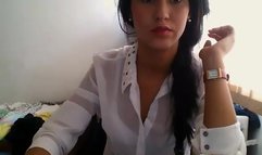 Cute brunette drops shirt and bra