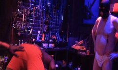 Strap-on on the big black cock slave in the dungeon