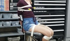 0055 Body Shaking Brutal Bondage in the Workshop – Chair Tie Stress Position Stretches Catherine Sterling in a Sock Gag, Blindfold & Nipple Clamp Pain Predicament! HD Version