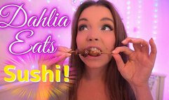 Girl eats sushi close up with chopsticks and then shows boobs