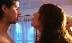 Spitting in his mouth & face - Bitchy Brats & Donkey - MP4 Clip