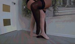 Crossed legs flirting in black and white stockings P