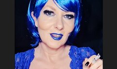 MILF smoking Marlboro Menthol 100 with sexy mystic blue lips and blue wig