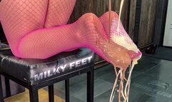 Milk Pouring On My Sexy Nylon Feet In The Pink Fishnets