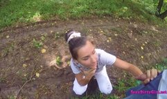 Teen suck cock in the woods and then masturbates next to a tree