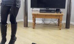 changing into latex catsuit hood and gasmask and cumming hard