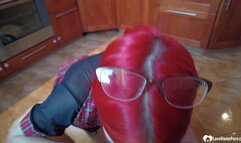 Tattooed schoolgirl sucks while on her knees