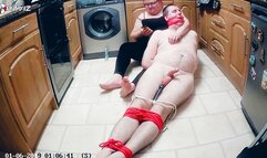 Man kept tied up on kitchen floor for 5 Hours- Cam 2 part 2- BBW domination,BBW bondage,naked man tied up,male bondage,man in bondage,amateur,kitchen floor, Bound and gagged man,struggling,handjob,post cum play,post orgasm torment,edging,edged,polishing,