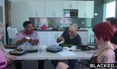 Redhead college babe rides a black stud all the way to the finish line