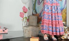 Squatting in long flower skirt